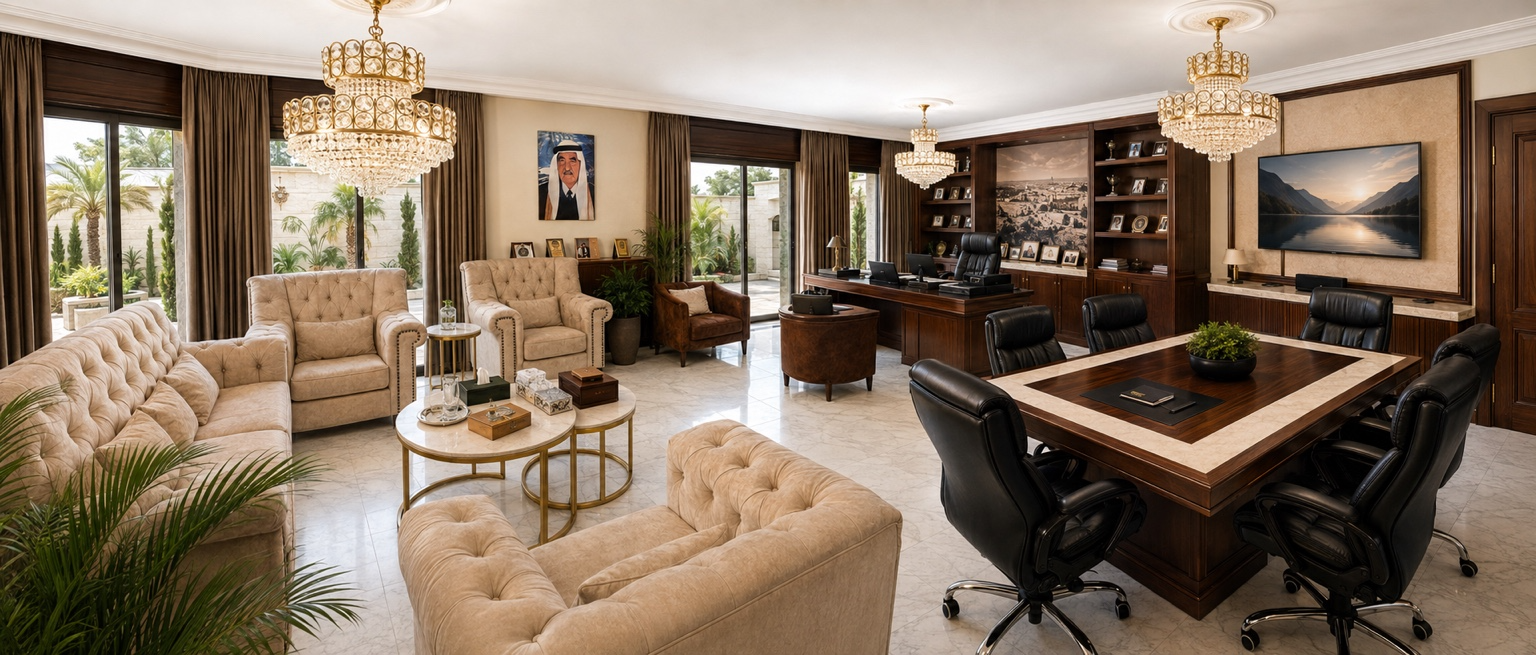 Panoramic interior of America's Business & Immigration Boutique's Amman office and conference area.