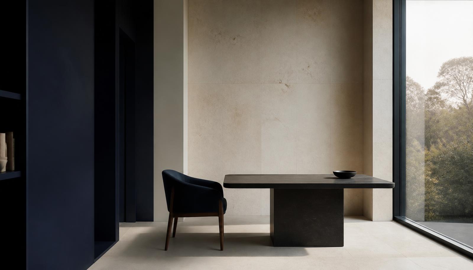 Quiet contemporary interior with a stone wall, a single table and daylight from a tall window