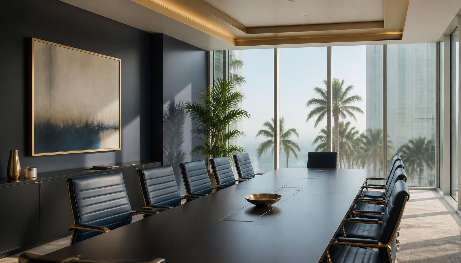 Empty conference room with a long dark table and floor-to-ceiling windows overlooking palm trees