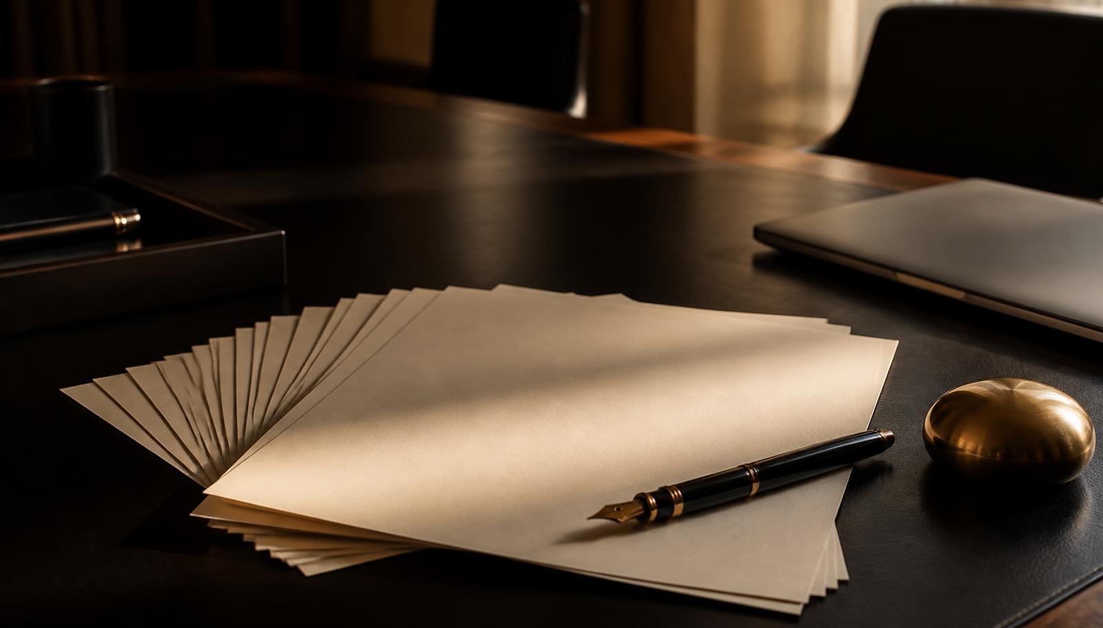 A fanned stack of blank pages and a fountain pen on a dark boardroom table in low daylight