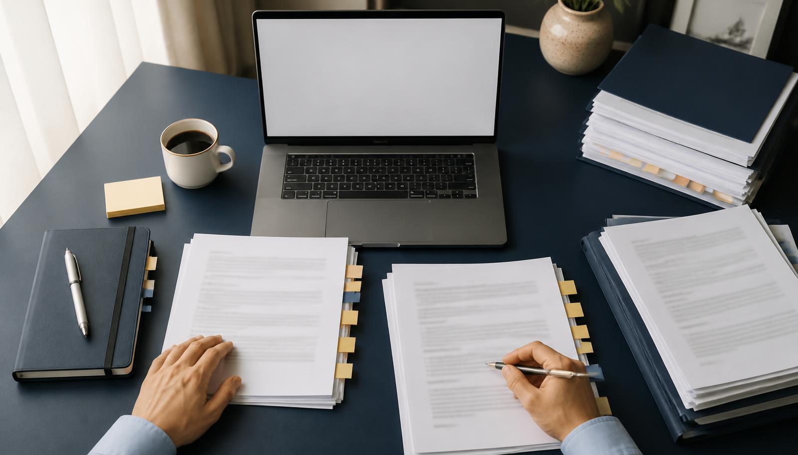 Documents and photographs spread across a professional work surface during an evidence review