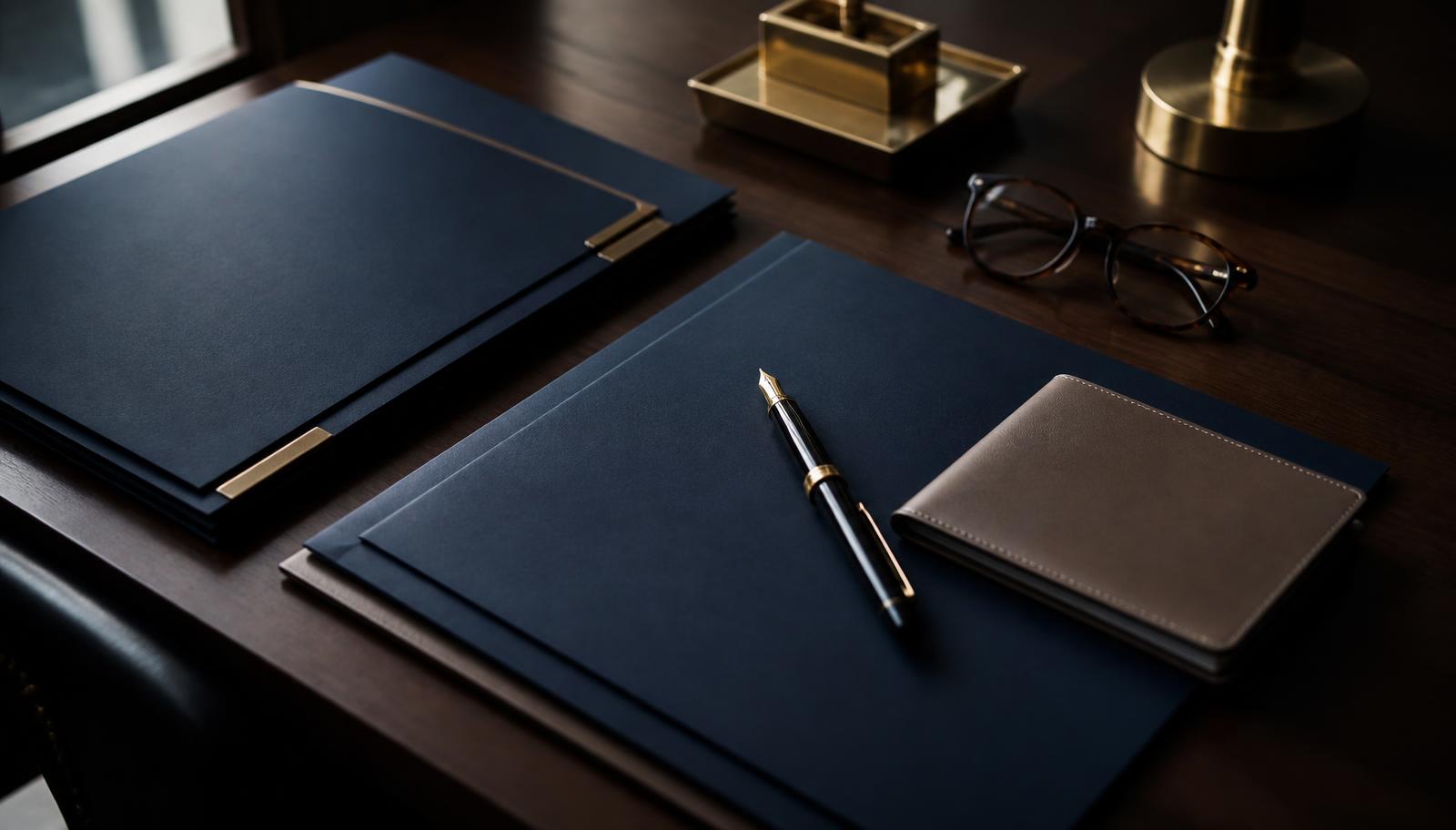 Unmarked document folders, a fountain pen and a travel wallet arranged on a dark conference table