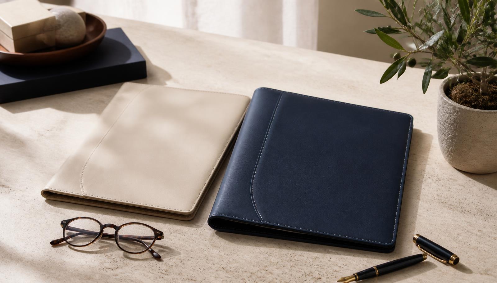 Two blank leather document portfolios, reading glasses and a fountain pen on a pale stone table