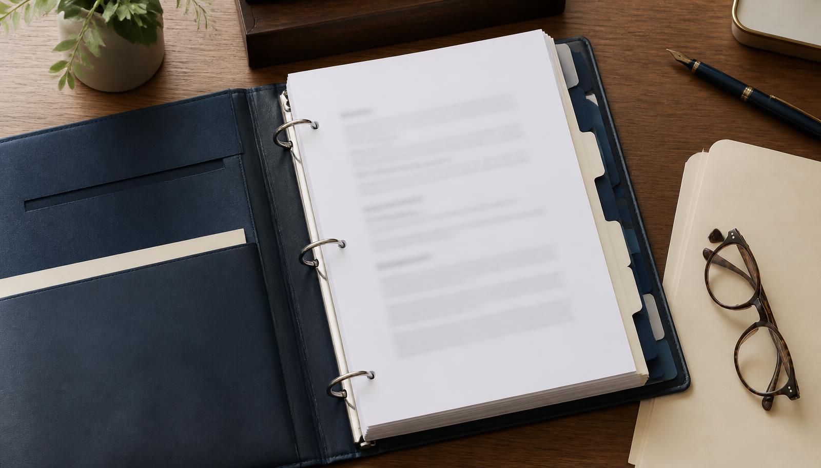 A tabbed petition binder open on a desk beside indexed supporting exhibits
