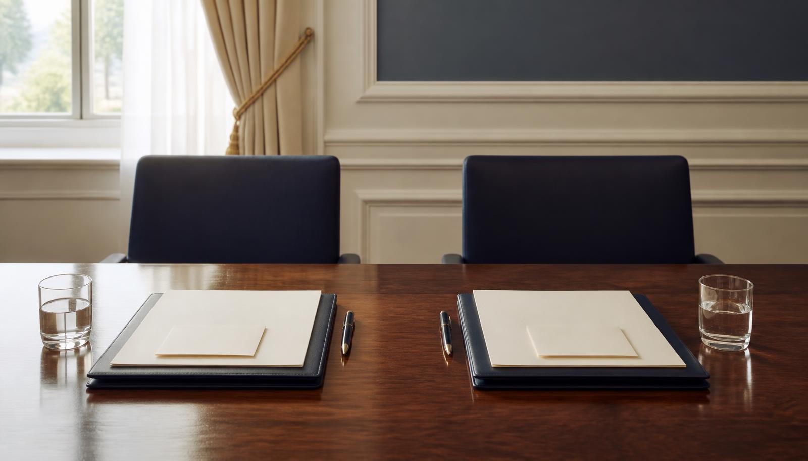 A calm signing table with two separate sets of documents and a pen