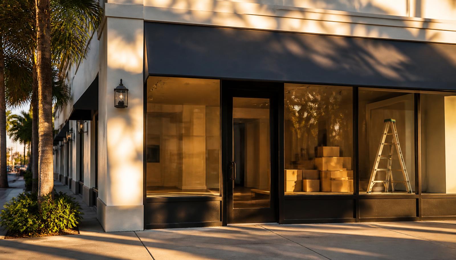 A Florida storefront being prepared for opening, with lights on and stocked shelves visible through the glass