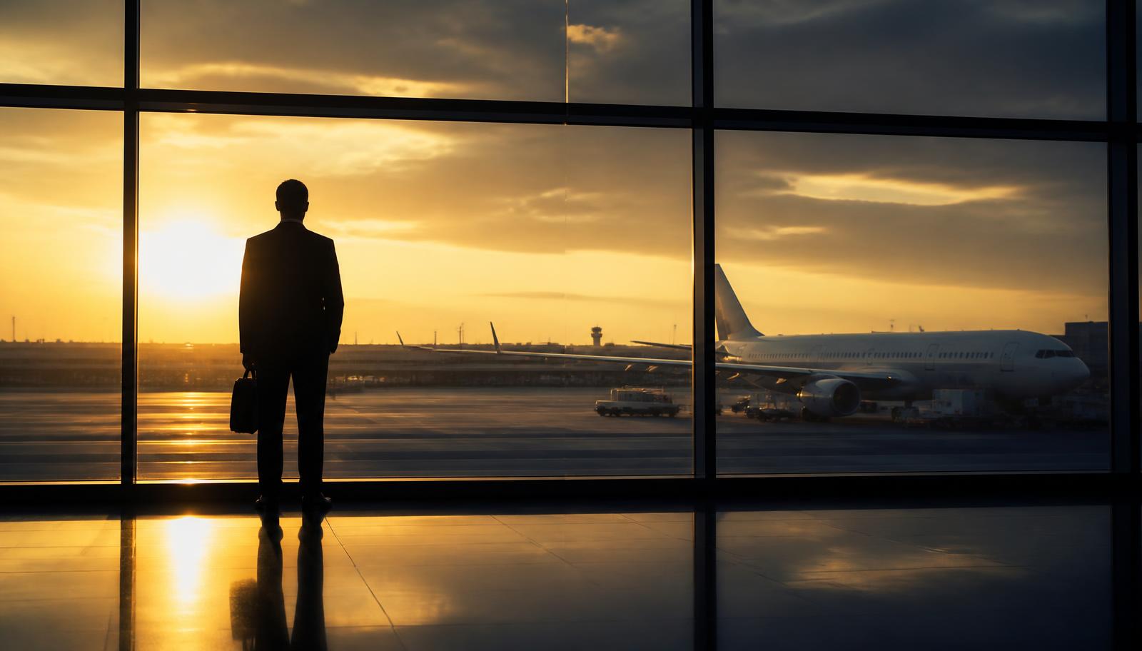 Traveler with a briefcase at an international airport terminal window at sunrise