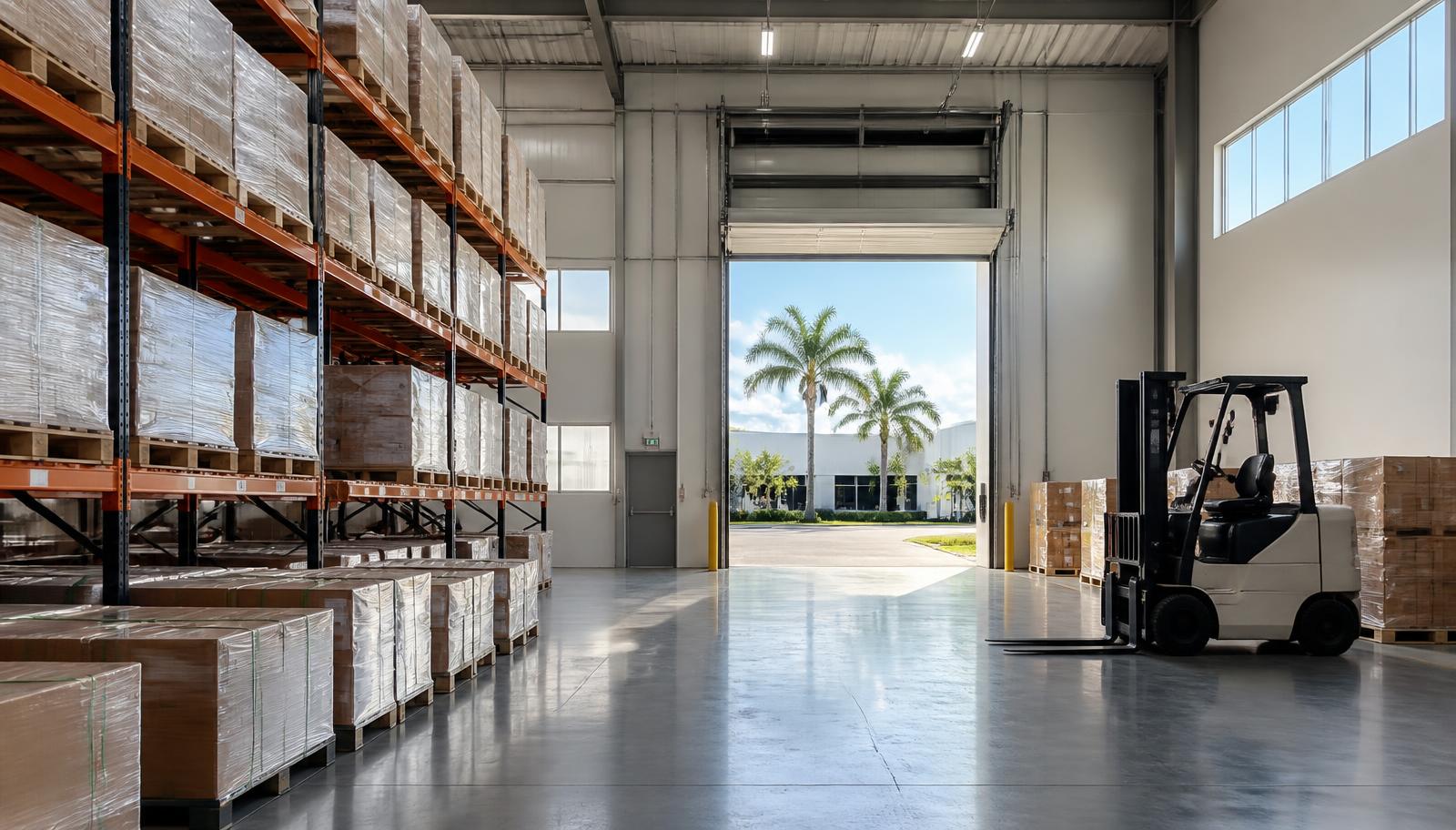 A clean modern warehouse interior with palletized cartons and racking under daylight